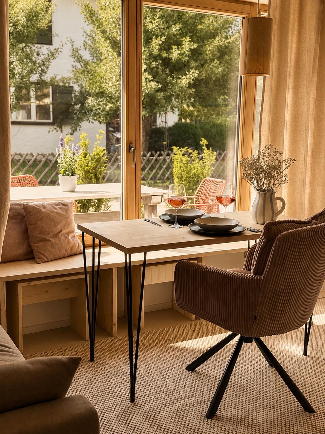 Esstisch für gemeinsame Mahlzeiten mit Blick auf die Berge