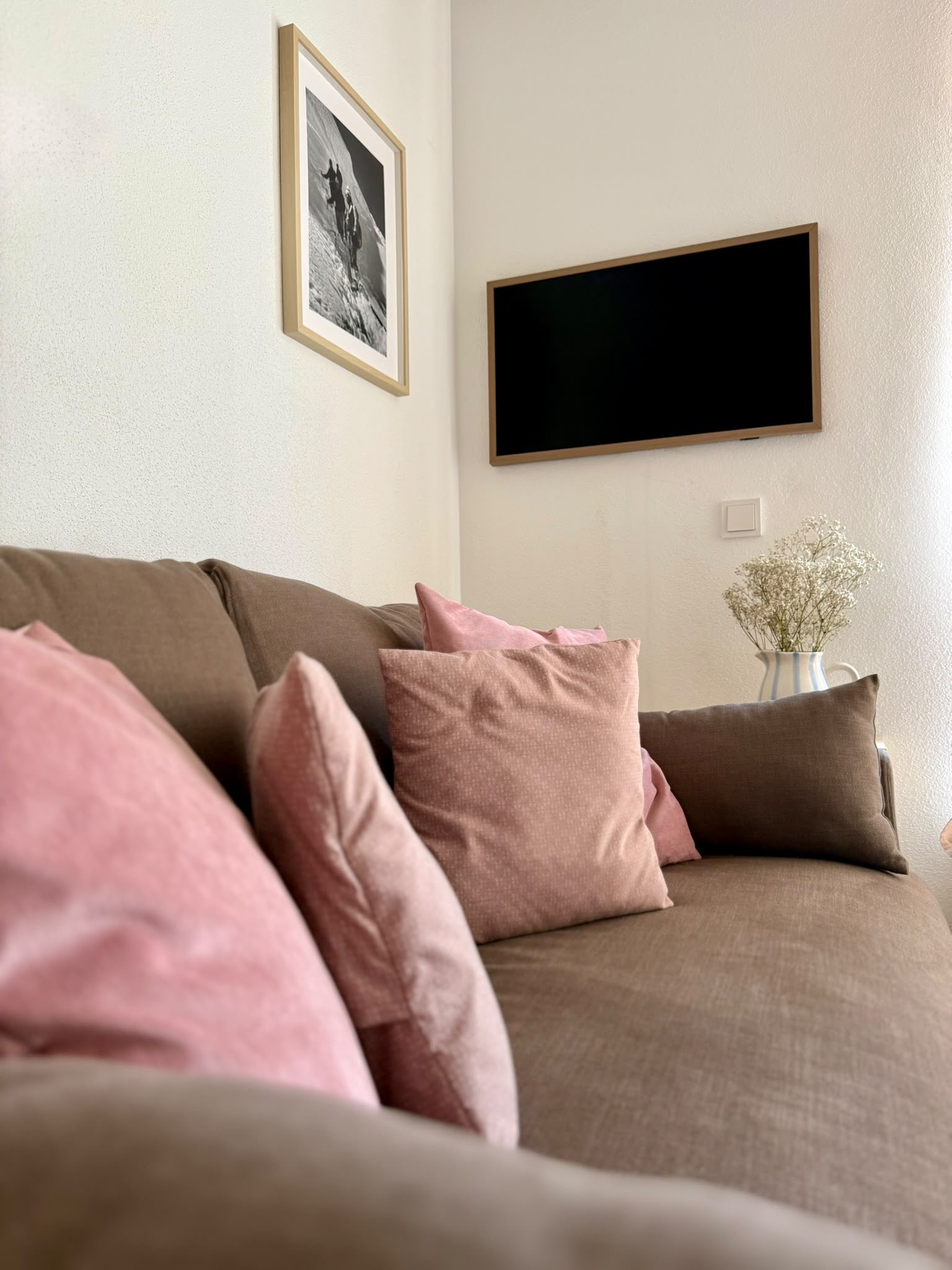 Wohnbereich der Ferienwohnung Schwarzer Spatz mit gemütlicher Schlafcouch